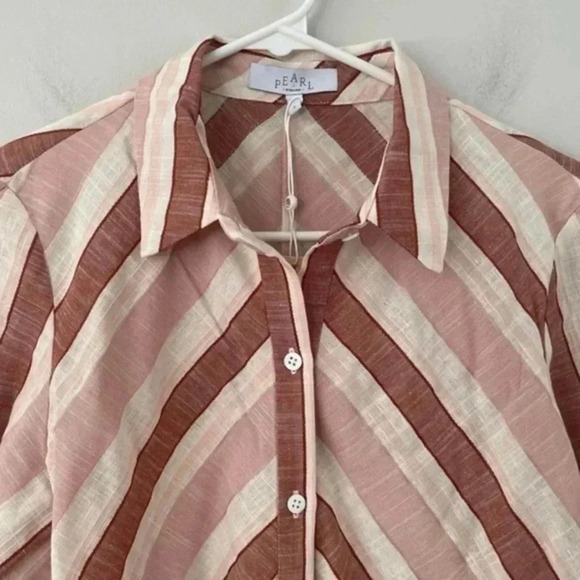 PEARL BY LELA ROSE Striped Linen Button Down Top Blush Multi Small - Picture 5 of 9